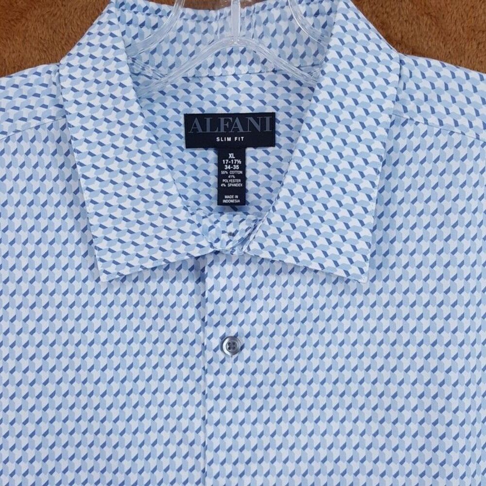 ALFANI Dress Shirt Mens Size 17 17.5 34 35 Blue Neat Geo Slim Fit Stretch